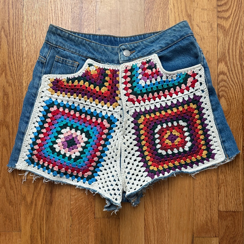 Farm Rio Ultra High Rise Crochet Denim Shorts